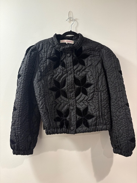 Free People Jackets & Blazers - Free People | Black Quilted Jacket with Velvet Floral‎ Appliqués